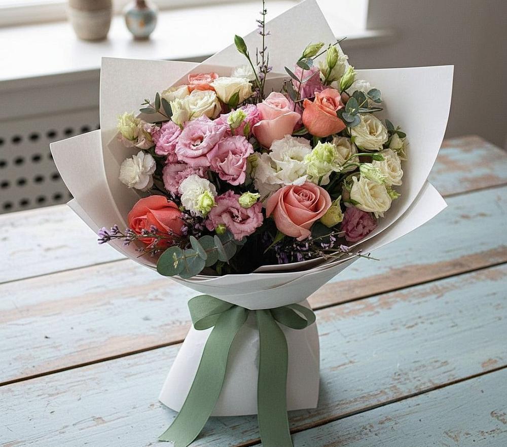 Букет цветов из: Розы, Лизиантусы и Гвоздики в Вознесенской Краснодарского края